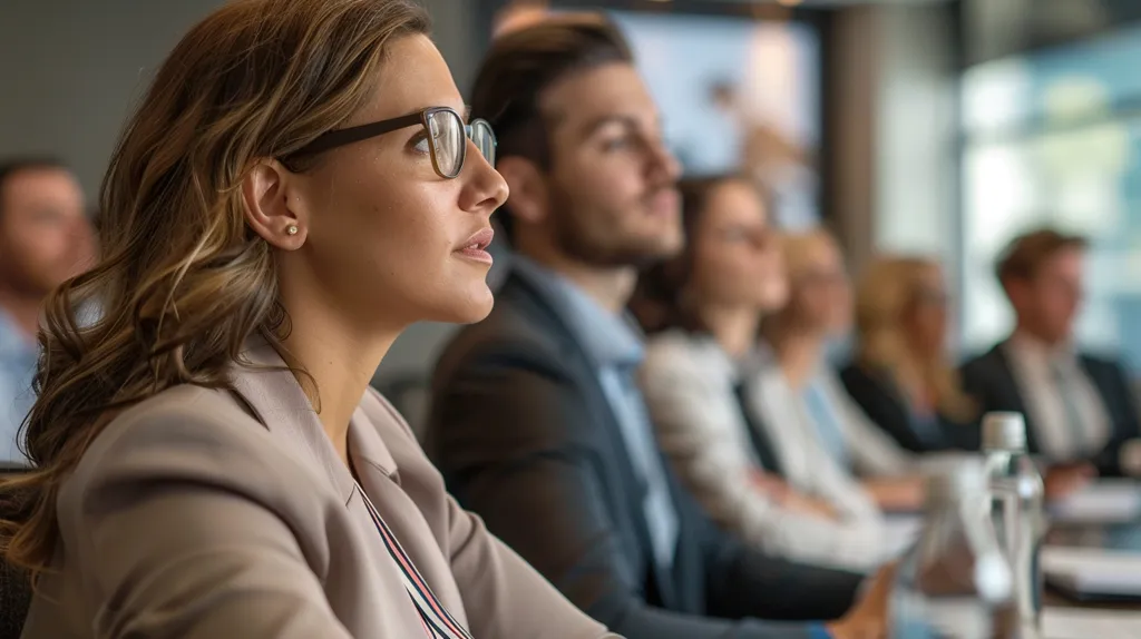 A woman with long brown hair and glasses sits in a meeting. She is wearing a beige blazer and looking attentively at the speaker. A man in a suit sits beside her, also looking ahead. Several other people are in the background, blurred. The room has large windows, letting in natural light.