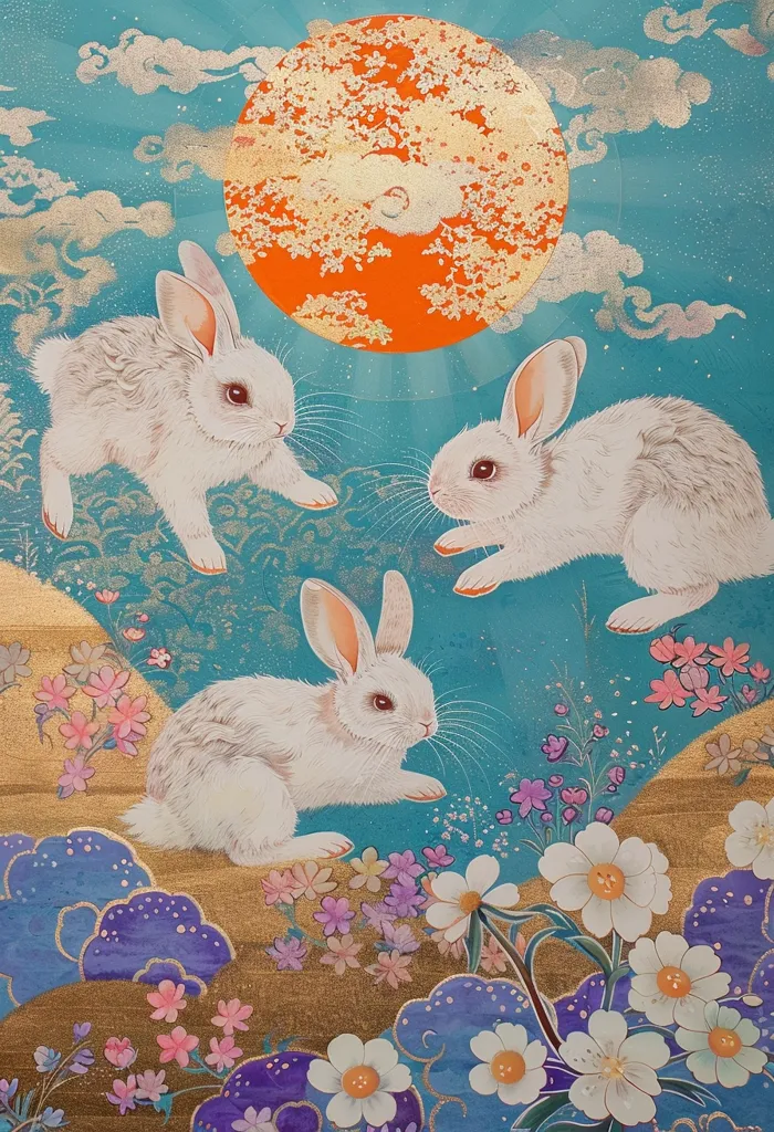 Three white rabbits are depicted against a bright blue background with a large orange sun in the upper center. The rabbits are positioned near a bed of colorful flowers and a fluffy purple and blue cloud. The entire painting is surrounded by a golden border and the sky is scattered with white stars.  The painting is full of detail and energy.