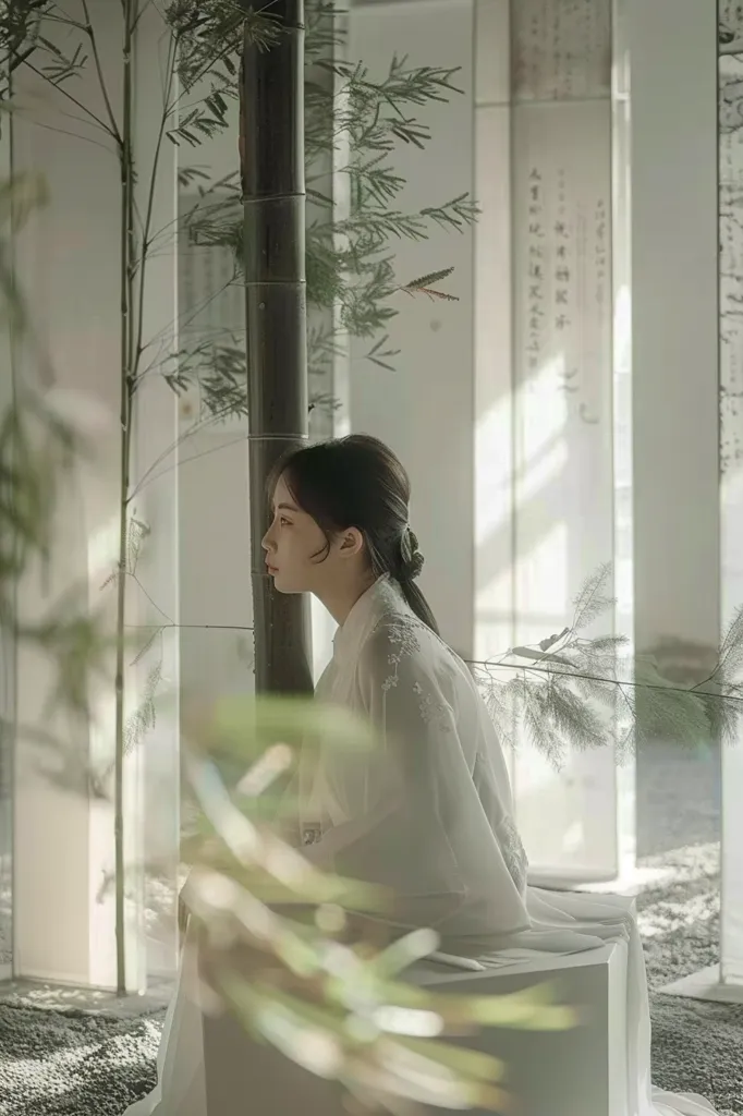 A young woman in a white dress sits on a platform, partially obscured by a leafy branch. Her head is turned slightly to the side as she looks towards the camera with a pensive expression. The background is a minimalist setting with white walls and a single, large, black bamboo stalk. The light is soft and natural, casting subtle shadows. The overall mood is serene and contemplative.