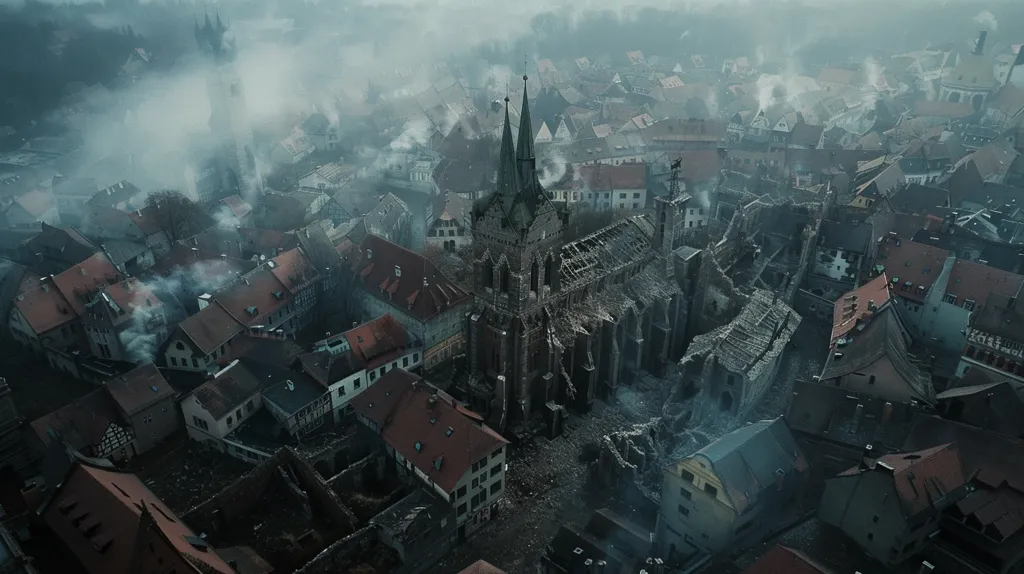 An aerial view of a ruined city shrouded in mist and smoke. A large, gothic cathedral stands in the center, its roof torn away, revealing the skeletal structure within. The surrounding buildings are damaged and dilapidated, with rubble and debris scattered throughout the streets. The atmosphere is somber and foreboding, hinting at a past tragedy or conflict.