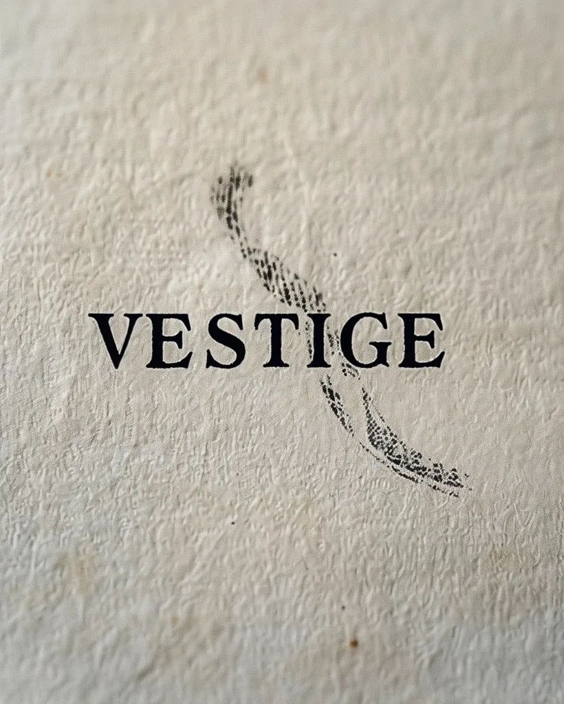 The image shows the word "VESTIGE" printed in black ink on a piece of textured, off-white paper. There is a smudge of ink in the shape of a crescent moon below the word, suggesting it might be a leftover mark from a previous writing or drawing. The paper has a subtle, embossed pattern. The image is a close-up, focusing on the word and the ink smudge.
