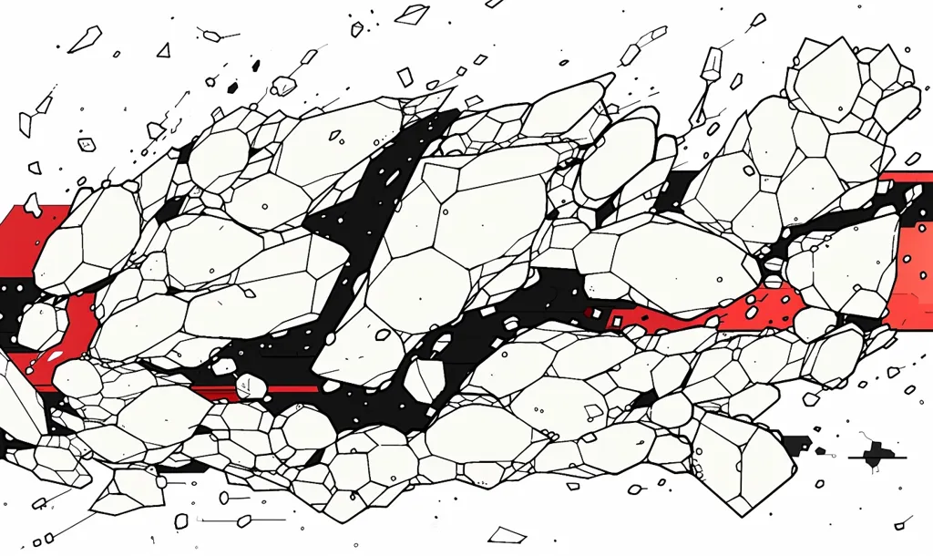 The image depicts a fractured and fragmented landscape, rendered in a black and white style. The central focus is a sprawling mass of jagged, geometric shapes, resembling broken shards of a once-unified structure. A thin, bright red line cuts across the middle, suggesting a deep fracture or a dramatic separation. The background is a stark white space, accented by small, scattered dots and lines, adding to the sense of chaos and fragmentation. The overall effect is one of destruction and disruption, leaving the viewer to ponder the nature of the breakage and the potential for reconstruction.