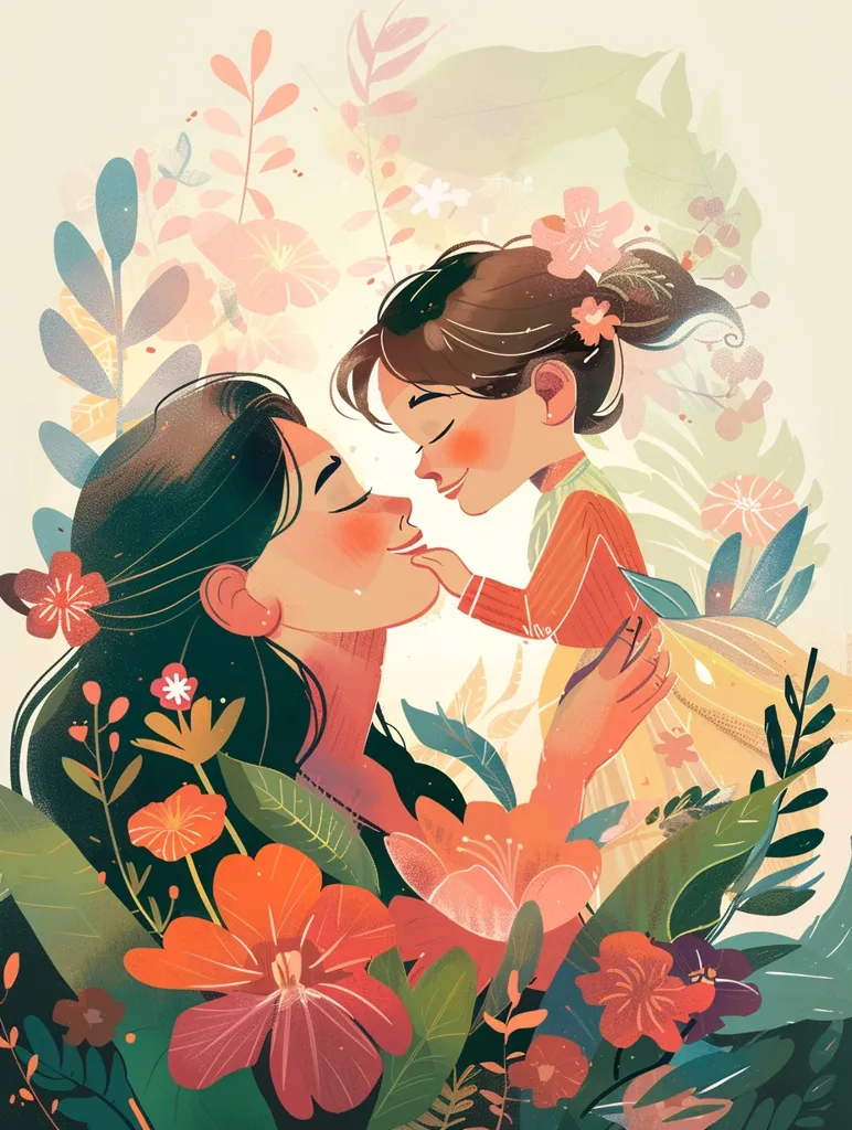 A mother and daughter are embraced in a loving hug surrounded by a vibrant floral arrangement. The mother has dark hair and is wearing a red shirt, while the daughter has brown hair and a red sweater. They are both smiling and looking at each other with adoration, showcasing a beautiful bond of love and affection. The image is filled with colorful flowers, leaves, and a soft background, creating a warm and joyful atmosphere.