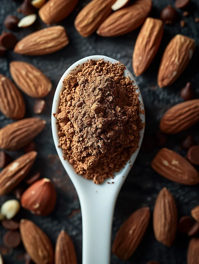 A white ceramic spoon filled with cocoa powder sits on a black background surrounded by almonds and chocolate chips. The cocoa powder is dark brown and has a rough texture. The almonds are light brown and have a smooth surface. The chocolate chips are small and dark brown. The image is close-up and the focus is on the cocoa powder.