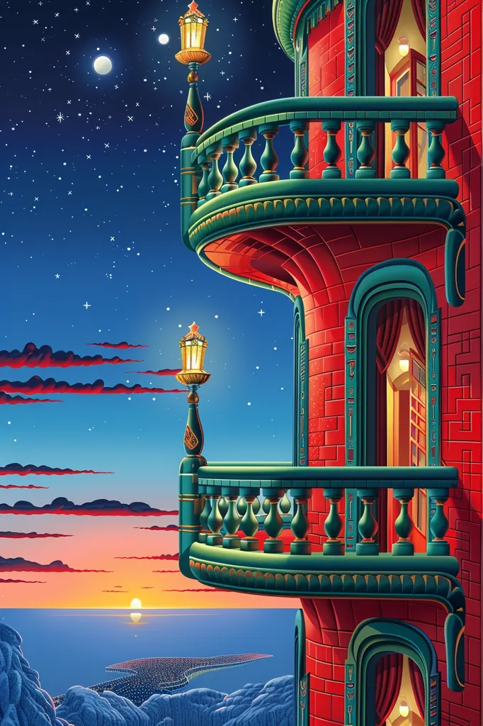 The image depicts a red brick tower with a green balcony overlooking a vast blue ocean. The sky is a deep blue with a bright orange sunset and a scattering of stars. The tower has intricate details and ornate railings, suggesting a magical or historical setting. The scene evokes a sense of tranquility and wonder.