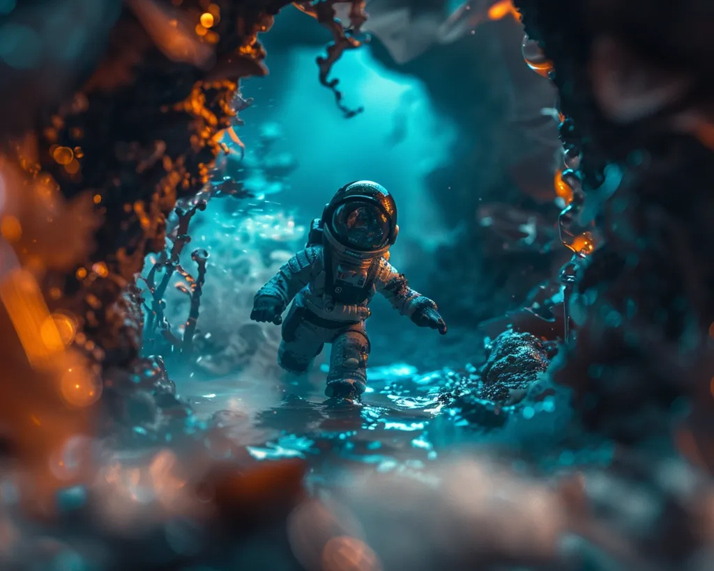 A lone astronaut figure in a white spacesuit walks through a dark, cavernous landscape. The blue lighting and blurred background create a dreamlike atmosphere. The astronaut's journey through the mysterious cave is emphasized by the use of shallow depth of field, drawing the viewer's eye to the figure. The scene evokes a sense of exploration and wonder.