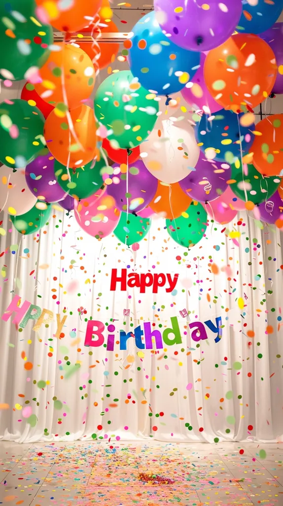 A festive birthday scene with a white backdrop and colorful balloons. A banner that reads "Happy Birthday" hangs in front of the curtains. Confetti rains down, creating a magical and celebratory atmosphere. The image captures the joy and excitement of a birthday party.