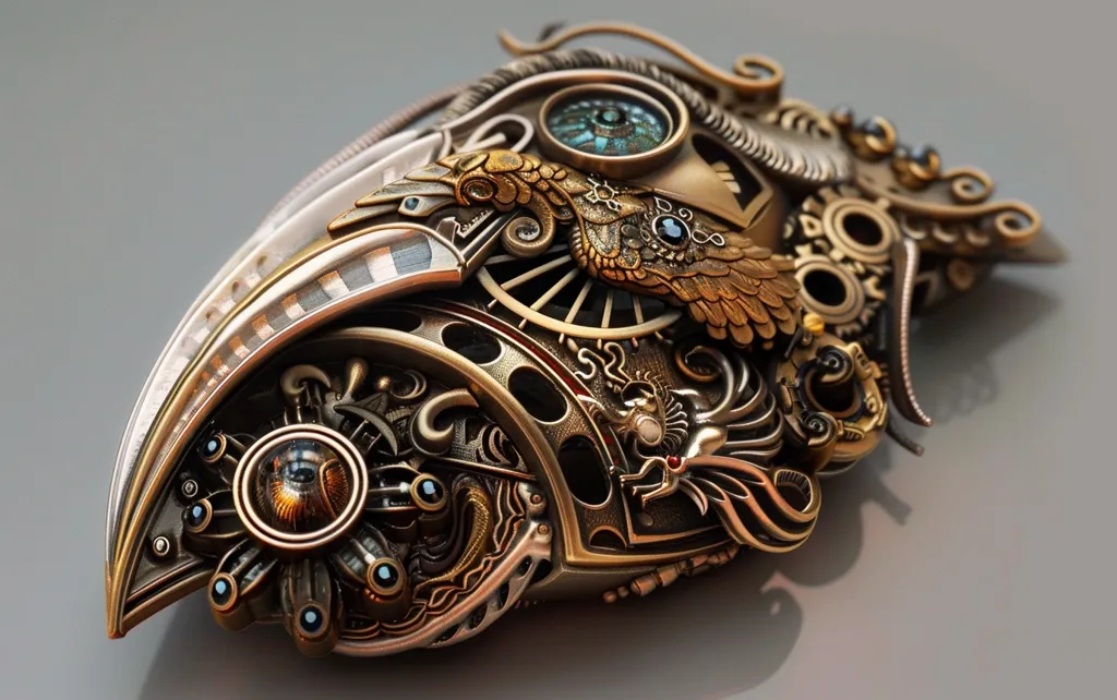 The image showcases a intricate steampunk-inspired object, crafted from metal with a bronze finish. It features multiple gears, intricate designs, and two large, circular, eye-like components. The object resembles a bird or creature, with a beak-like structure and a decorative bird design.  The overall aesthetic is complex, detailed, and visually captivating.