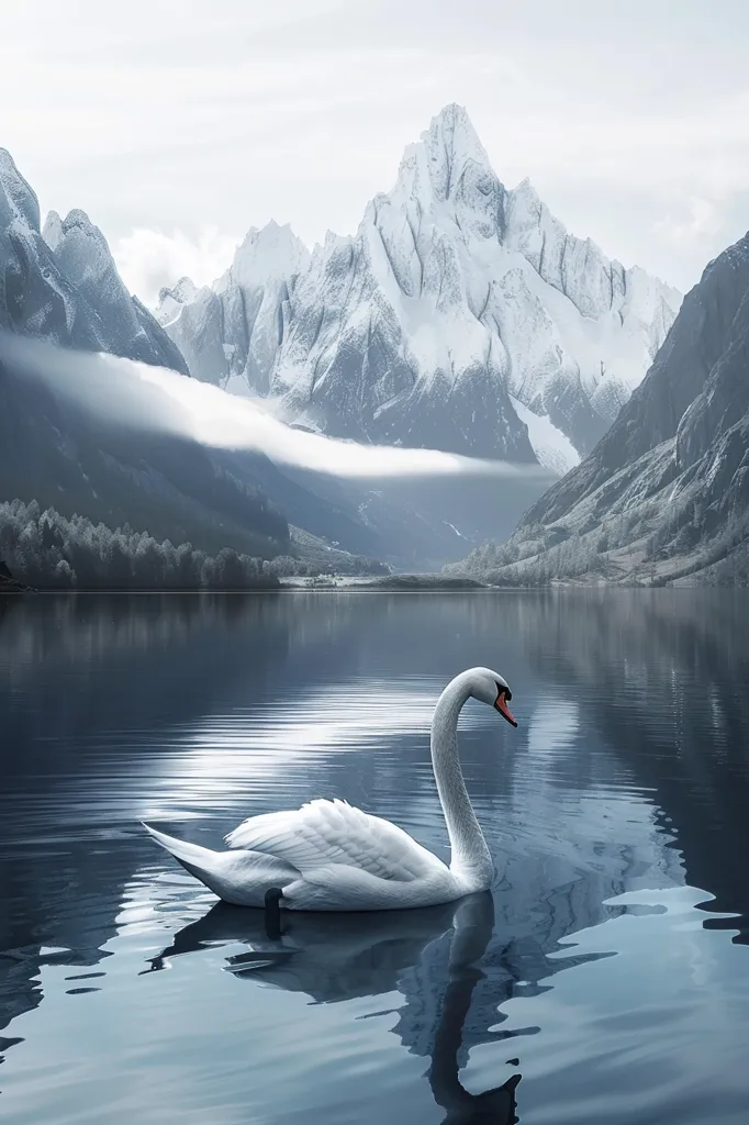 A solitary swan glides gracefully across a still, blue lake, its white feathers contrasting sharply with the snow-capped peaks that rise majestically in the background. Mist hangs low over the valley, adding to the serene and ethereal atmosphere.  The scene evokes a sense of peace and tranquility.