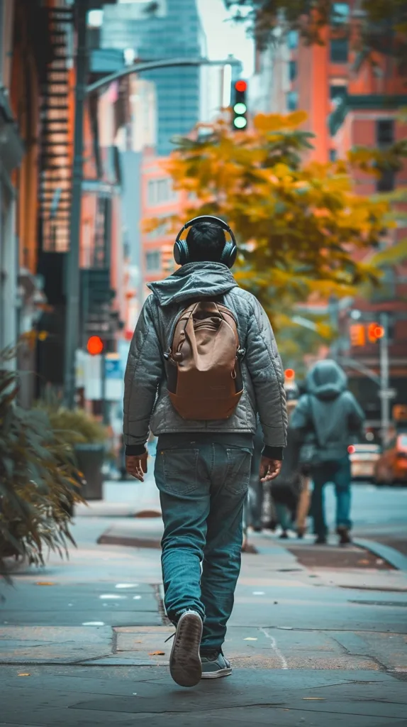 A man wearing headphones and a backpack walks down a city street. He is wearing a gray jacket and blue jeans. The street is empty except for a few other pedestrians in the distance. There are buildings and trees on either side of the street. The man is looking down at the ground as he walks.  The photo is taken from a low angle, looking up at the man's back. The overall tone of the photo is one of solitude and contemplation.