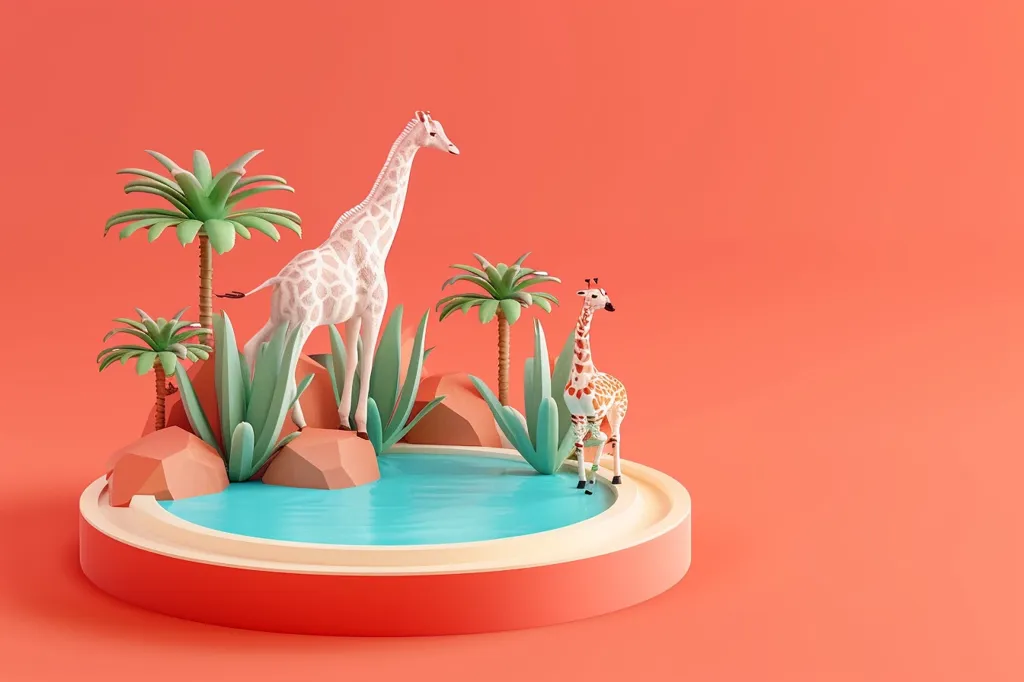 Two giraffes, one white and one orange, stand near a small circular pool of water. Surrounding the pool are three palm trees and green plants, creating a tropical oasis. The scene is set on a circular platform against a bright orange background, creating a minimalist, playful aesthetic.  The image is rendered in a 3D style, giving the giraffes and their surroundings a whimsical, cartoon-like appearance.