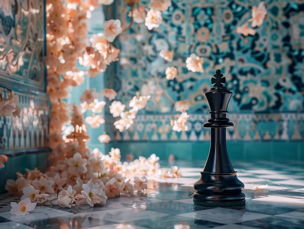 A black chess king stands tall on a checkered board, surrounded by delicate pink blossoms scattered across the marble surface. The background is a vibrant teal and blue tiled wall, creating a striking contrast against the soft pink flowers. The scene is bathed in warm sunlight, illuminating the king and the blossoms.  The image evokes a sense of tranquility and beauty.