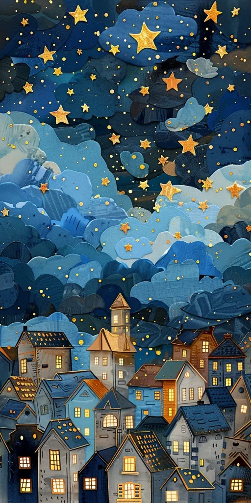 The image depicts a quaint town nestled under a starry night sky. The sky is made of blue paper clouds with a scattering of gold stars.  The town is also crafted from paper, with houses of various styles and colors, all illuminated with warm, inviting light. The image evokes a sense of whimsical charm and a peaceful night.
