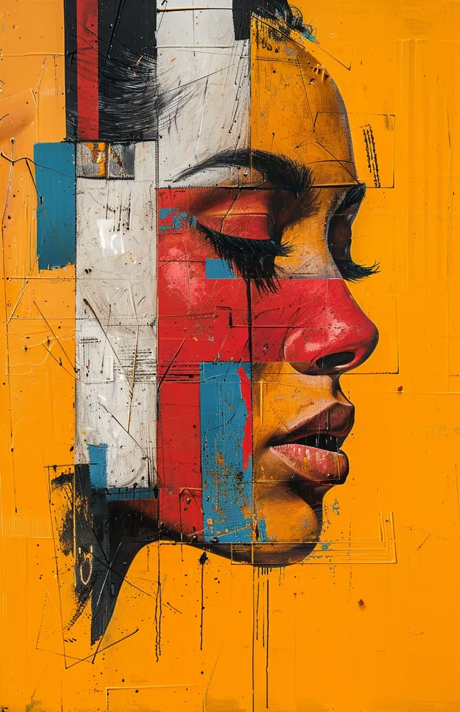 The image is an abstract portrait of a woman, painted in a cubist style.  Her face is broken up into geometric shapes and bold colors, mainly red, blue, and yellow.  Her eyes are closed, and her mouth is slightly open.  The background is a vibrant yellow, which contrasts sharply with the darker hues of the portrait.  The overall effect is one of energy and movement.