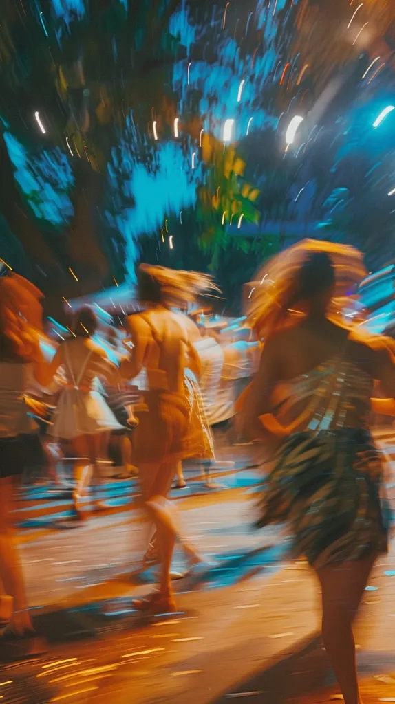 The image shows a blurry scene of people dancing in a brightly lit space.  The camera appears to be moving as it captures the action, resulting in streaks of light and a sense of movement.  The people are blurred out, but their forms are visible.  The overall tone of the image is one of excitement and energy.