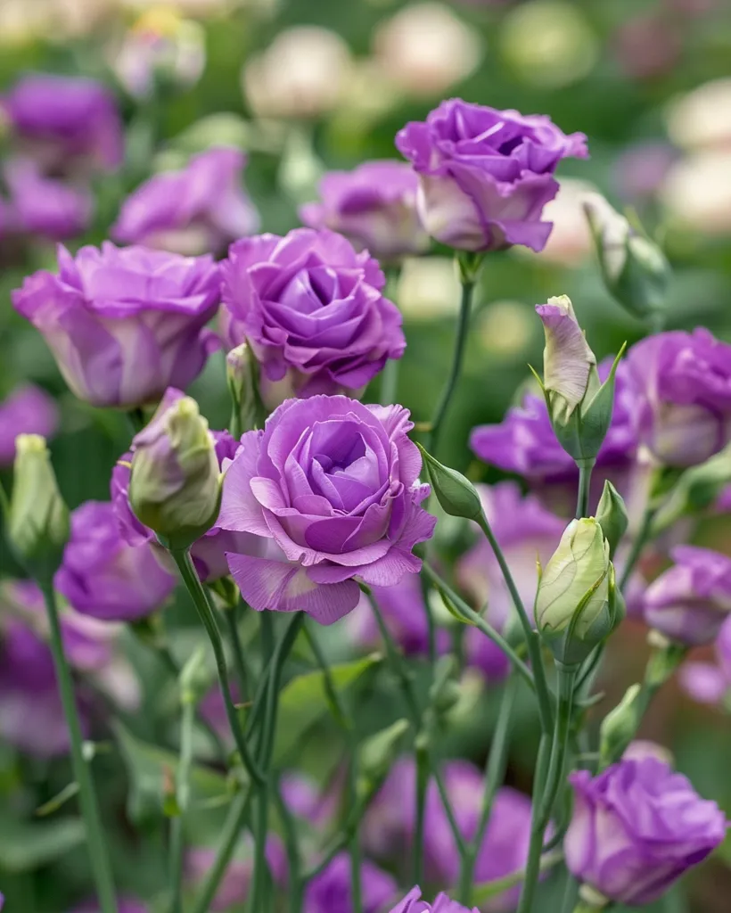 A vibrant display of purple lisianthus flowers, some fully bloomed with their delicate petals, others still in bud, stand tall amidst lush green foliage. The soft lavender hues of the blossoms create a serene and elegant atmosphere, capturing the beauty of nature in full bloom.