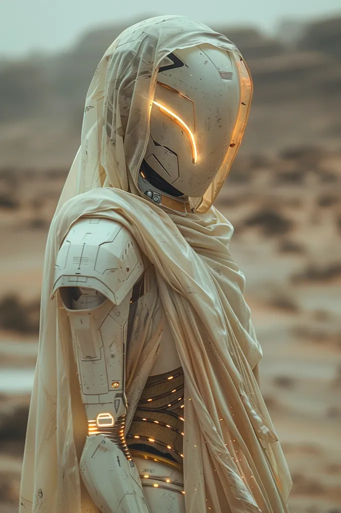 A humanoid robot with a white and gold helmet is wearing a flowing white cloak. The robot is standing in a desert-like environment, with a blurry background of sand dunes and a hazy sky. The robot's body is visible beneath the cloak, revealing a metallic frame with glowing yellow lights. The image has a futuristic and sci-fi aesthetic, with a sense of mystery and intrigue.