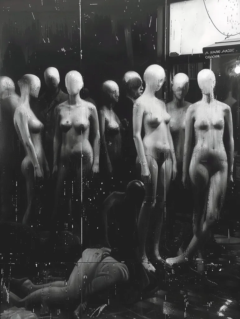 The black and white image depicts a group of mannequins standing in a row. The mannequins are all nude and their faces are obscured by shadows. The mannequins are arranged in a seemingly random order, their forms blending into the background. The overall effect is one of mystery and intrigue. The image is further enhanced by the inclusion of a  fallen figure in the foreground, adding to the sense of unease and the suggestion of an event that has taken place.  The grainy texture of the image contributes to the sense of ambiguity and suspense.