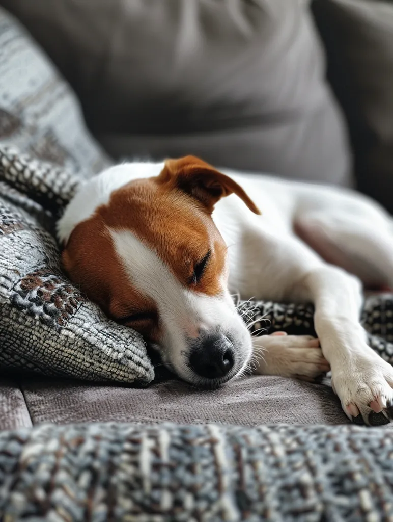 A small, white and brown dog is fast asleep on a grey patterned couch. Its head rests on a patterned pillow, its paws tucked beneath its body. The dog's eyes are closed, and its face is relaxed. The couch is soft and comfortable, and the dog is clearly enjoying its nap.  The image evokes feelings of peace and tranquility.