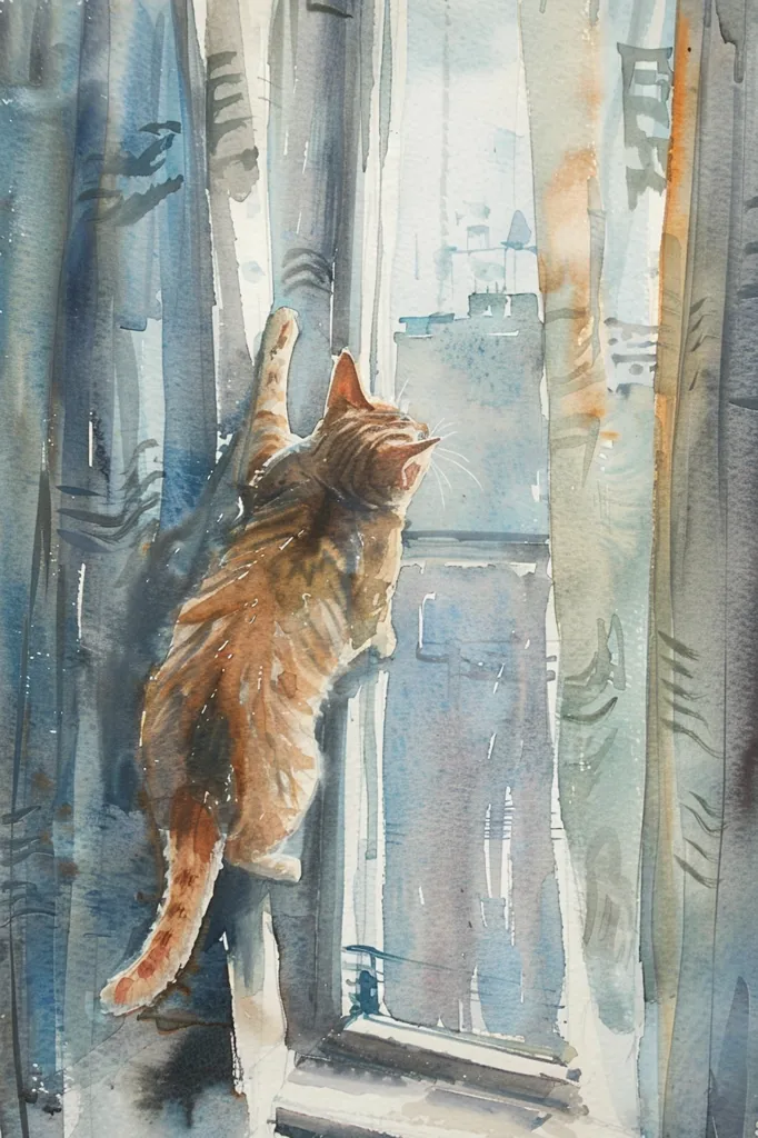 A watercolor painting of a ginger cat perched on a windowsill, its back legs hanging down. The cat looks out the window with an inquisitive expression, its tail curled behind it. The curtains are drawn back, revealing a view of a city street beyond. The painting uses soft, muted colors and textures to create a sense of intimacy and warmth. The cat is captured in a moment of quiet contemplation, seemingly observing the world outside.