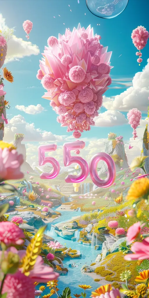 A whimsical landscape with a stream flowing through a valley of colorful flowers, rocks and waterfalls. In the sky above,  fluffy pink and white clouds drift by as a giant pink pom-pom shaped object hangs in the air.  Two large pink numbers, 5 and 0, float above the valley.