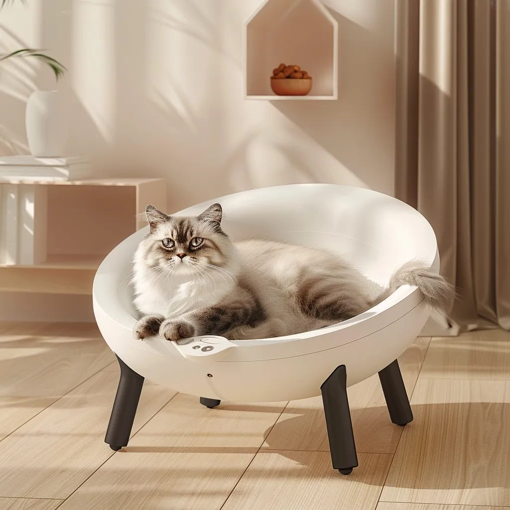 A white cat with grey markings is lying in a white, round, heated pet bed with black legs. The bed is on a light wooden floor. There is a white shelf with some books and a small, brown, decorative shelf on the wall behind the bed. The cat is looking directly at the camera.