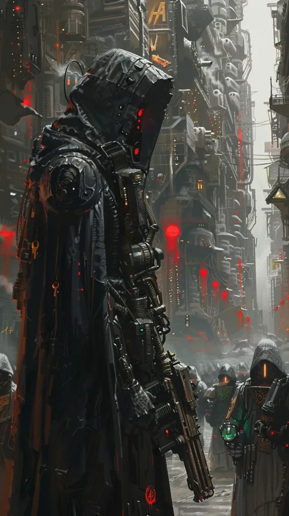 A futuristic scene with a hooded, heavily armored figure standing in the foreground.  The figure is holding a large, futuristic weapon and has a dark, mechanical design.  The background is a bustling cityscape filled with towering, intricate buildings and a crowd of similar figures.  Red lights illuminate the scene, casting an eerie glow.  The image evokes a sense of mystery and danger.