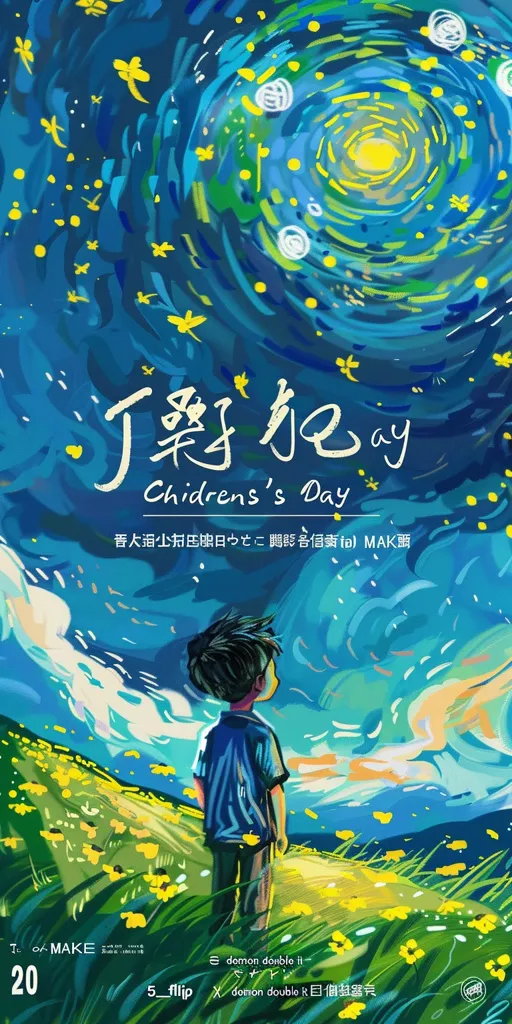 The image is a colorful illustration of a boy standing on a grassy hill, looking up at a swirling blue sky with a bright yellow sun in the center. The sky is filled with yellow stars and the boy is wearing a blue shirt. The words "Children's Day" are written in large letters at the top of the image. The image is stylized with a vibrant color palette and a loose, brushstroke-like style. It evokes a sense of wonder and childhood innocence.