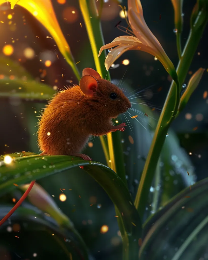 A small brown mouse with large ears sits on a green leaf of a plant. It is looking towards the right of the image.  The mouse is surrounded by a blurry background of green leaves and a single flower petal. Tiny specks of light are scattered throughout the image.  The mouse appears to be looking at something in the distance. The overall scene is peaceful and serene.