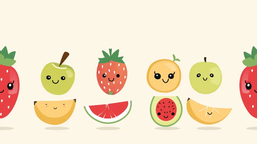 The image features a row of eight fruits with smiling faces. There are two strawberries, two apples, two watermelon slices, a mango slice and a cantaloupe slice. They are all cartoon-style drawings and are arranged in a line across a light beige background. The fruits are all depicted with smiling faces, giving the image a playful and cheerful vibe.