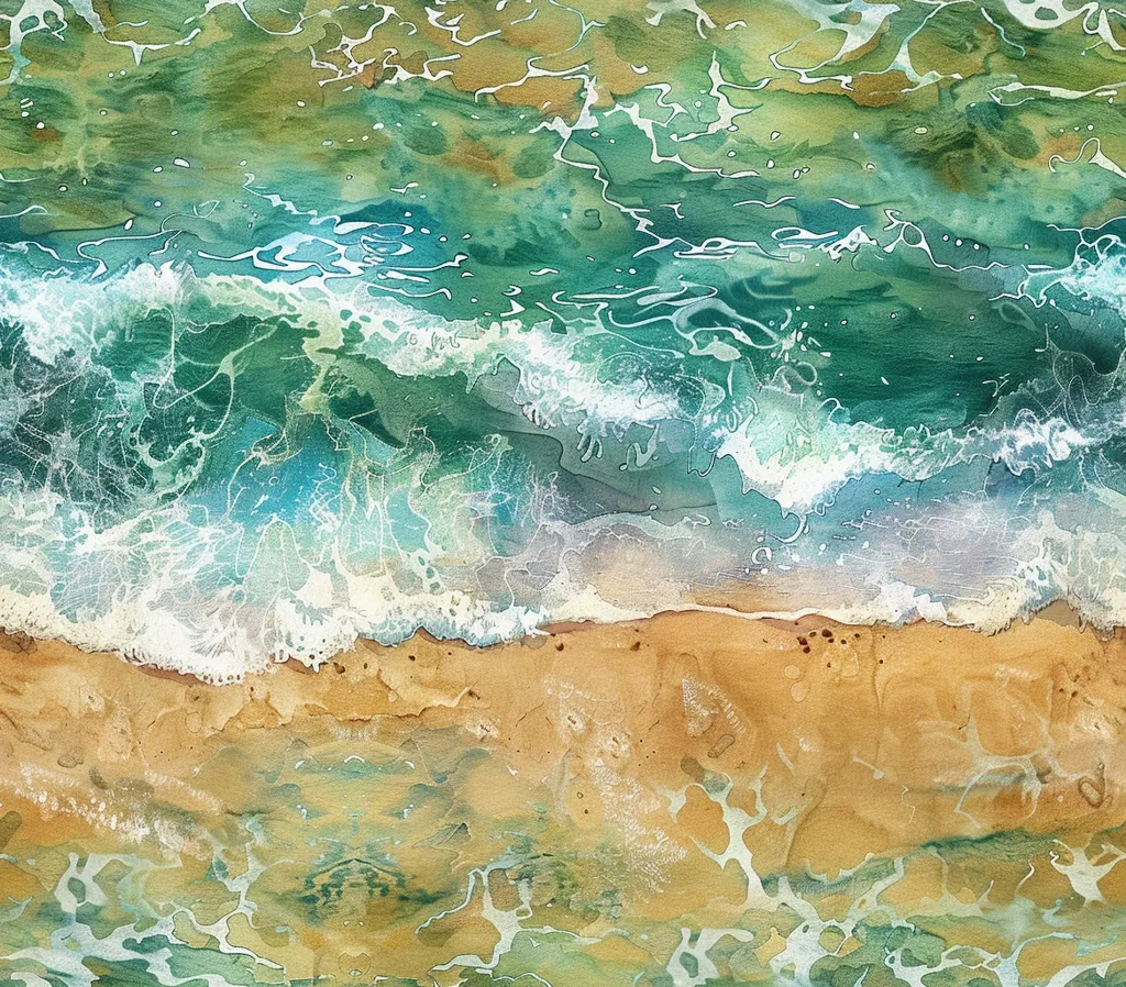 The image depicts a watercolor painting of an ocean scene. The painting features a blue-green sea with white foamy waves crashing on a sandy beach. The water is depicted with a textured, marbled effect, suggesting movement and depth. The image is rendered in a painterly style, with soft, flowing brushstrokes and a sense of tranquility. The colors are vibrant and inviting, evoking a sense of peace and serenity.