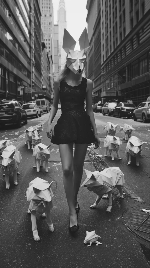 A woman wearing a black dress and a paper fox mask walks down a city street, surrounded by a pack of origami wolves. The street is lined with tall buildings and cars parked on the side. The image is in black and white, giving it a stark and surreal atmosphere.