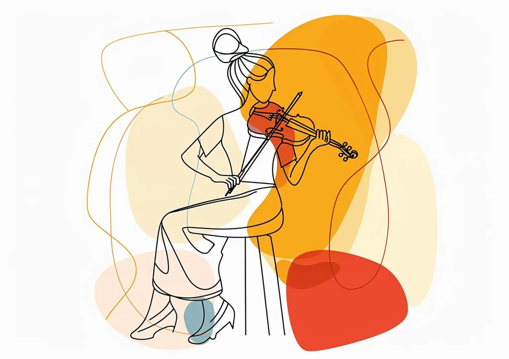 A simple line drawing of a woman playing a violin. The woman is seated and wearing a dress. The background is abstract and colorful, with orange, red, and yellow shapes. The image evokes a sense of musicality and grace.  The lines are clean and simple, highlighting the form of the woman and violin.