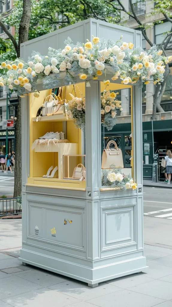 A charming, light blue storefront is adorned with a delicate garland of white and yellow flowers. Inside, the display showcases  elegant handbags, shoes, and a few decorative items.  The storefront's ornate details and the floral arrangement create a welcoming and sophisticated ambiance.