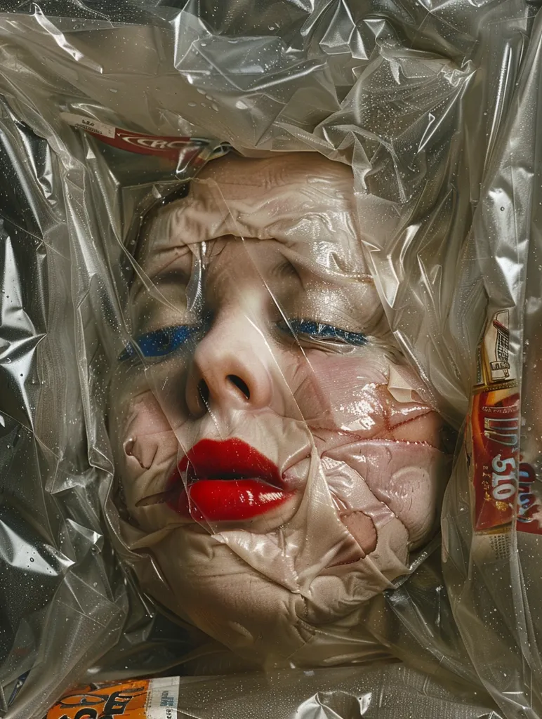 The image depicts a close-up of a woman's face encased in plastic wrap. Her face is partially obscured, with only her eyes, nose, and mouth visible. Her lips are painted a bold red, and her eyes are accented with blue eyeliner. The plastic wrap is wrinkled and crinkled, creating a sense of claustrophobia and entrapment. The image is visually striking and thought-provoking, suggesting themes of beauty, confinement, and the human condition.