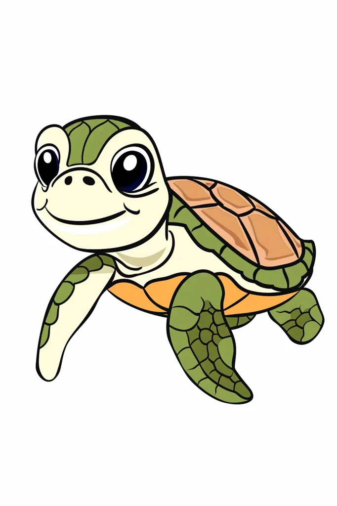 A cartoon sea turtle with large, black eyes, a wide smile, and a green shell with orange accents is drawn in a simple, child-friendly style. The turtle is swimming with its head and flippers extended, seemingly happy and carefree. The illustration is done in a cartoon style with bold outlines and bright colors. The turtle is the only subject in the image. It is set against a white background, emphasizing its vibrant colors and playful demeanor.