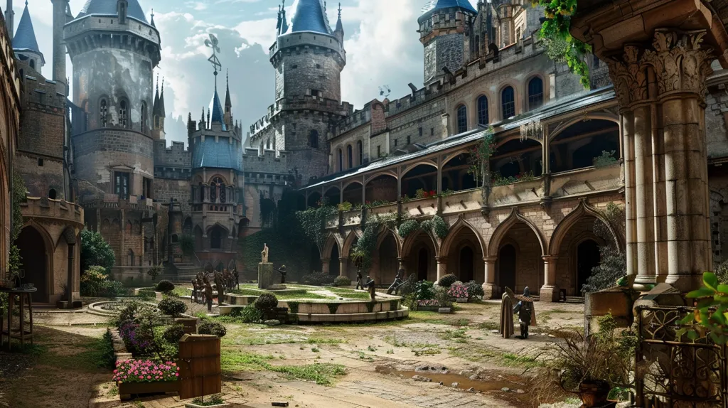 The image depicts an old castle courtyard, overgrown with weeds and greenery. A stone fountain sits in the center, with arches and columns surrounding it. The castle itself is massive, with intricate details and high towers. The overall atmosphere is one of grandeur and decay.  The stonework is worn and weathered, adding to the sense of age and history.  The sky is partly cloudy, casting shadows across the courtyard.