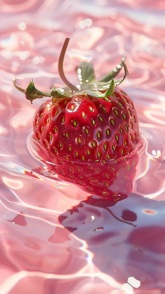 A single, ripe strawberry floats on the surface of a pink liquid. The strawberry is bright red and shiny, with green leaves and a small stem. The liquid ripples around the strawberry, creating a soft and dreamy effect. The light catches the surface of the liquid, creating shimmering highlights. The image is a simple yet elegant composition, with a focus on the beauty of the strawberry and the play of light on the liquid.