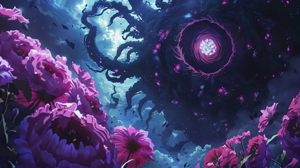 A dark, swirling mass hovers in the sky, resembling a cosmic eye with a bright pink center. It's surrounded by a field of vibrant pink flowers, their petals unfurling against the dark sky. The scene is a mix of ominous and ethereal, a balance between beauty and mystery.  The image evokes a sense of wonder and anticipation, as if something significant is about to occur.
