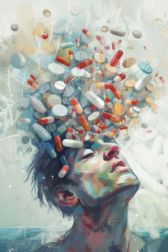 A man with his eyes closed lies with a stream of pills and capsules exploding from his head. The pills are red, white, and blue and appear to be falling downwards. The man's face is painted in a mix of colors, highlighting the chaos and confusion. The background is a muted blue and white, suggesting a state of disorientation. The image portrays the overwhelming feeling of being overwhelmed by medication or substance use.