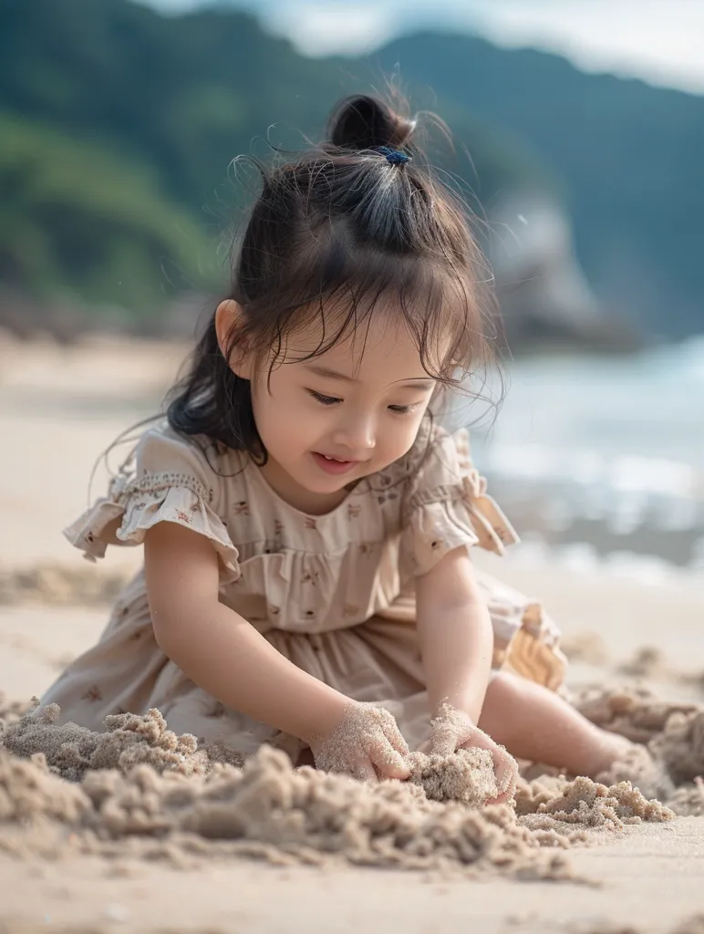 A young girl with long dark hair, wearing a floral dress, sits on a sandy beach, her hands buried in the soft sand. Her face is filled with a sweet and innocent expression as she plays, the warm sunlight casting a gentle glow on the scene.  The blurry background of green hills and blue water adds a sense of tranquility to the image.