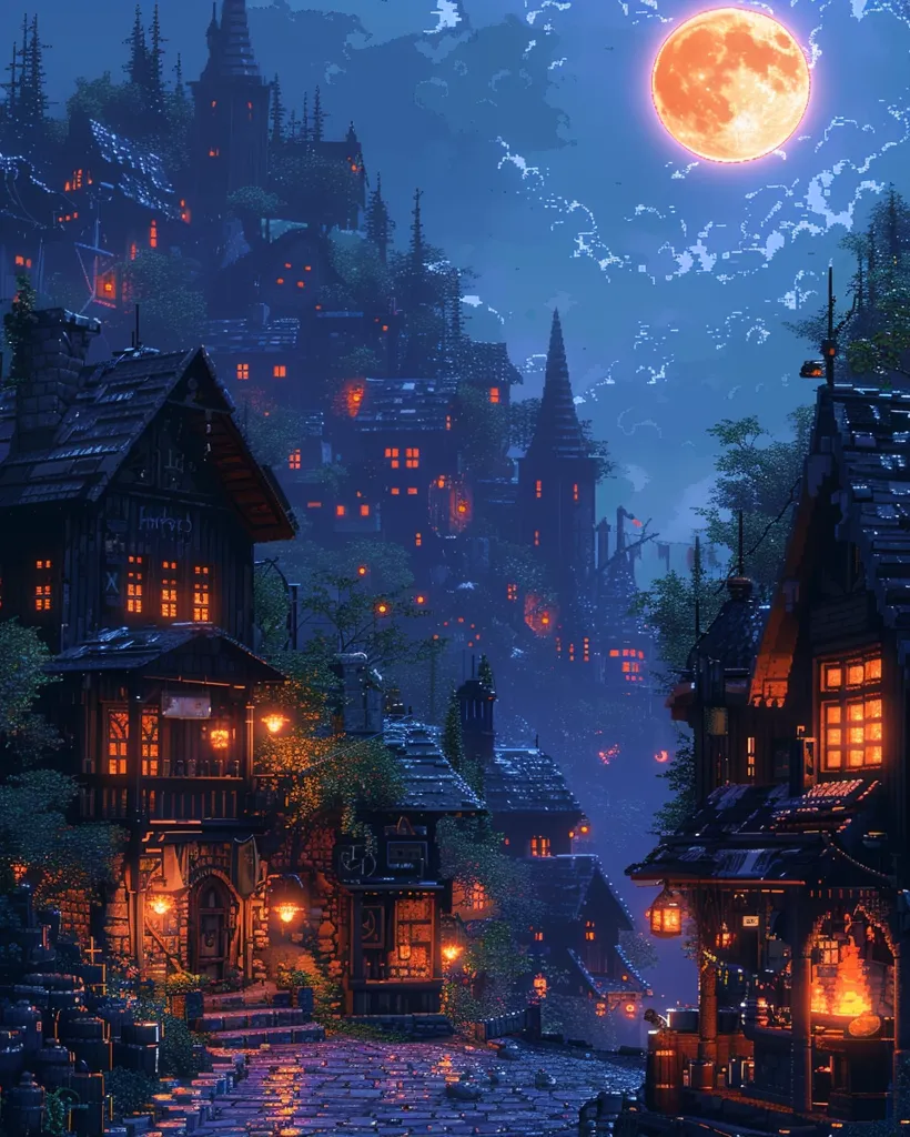 A charming, medieval village is bathed in the warm glow of a full moon.  Cobblestone streets wind through the village, lined with quaint, wooden houses adorned with glowing lanterns.  The air is filled with a sense of mystery and quiet charm, as if the villagers have long since retired for the night.  The scene is a beautiful blend of darkness and light, evoking a sense of peace and tranquility.