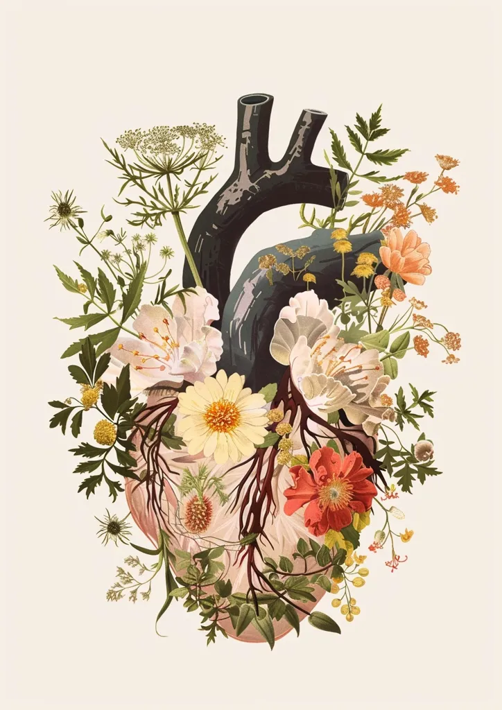 A human heart is depicted in a botanical illustration, with intricate veins and chambers. A variety of flowers, in hues of white, yellow, orange, and red, bloom around the heart, symbolizing life and growth. The arrangement creates a striking contrast between the anatomical precision of the heart and the delicate beauty of the flowers. The image evokes a sense of both vulnerability and resilience.