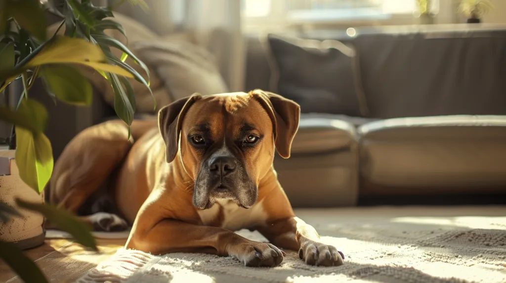 A brown and white boxer dog lays on a white carpet in front of a brown leather couch. The dog is looking directly at the camera with a serious expression. The couch is blurred in the background, and a houseplant is out of focus in the foreground. The light is coming from the window to the left of the frame, creating a warm glow on the dog.