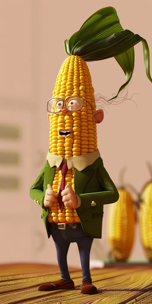 A corn cob wearing a green suit and a red tie stands on a woven surface. He has a friendly expression and wears glasses. The corn cob has a large leafy husk for hair and appears to be an anthropomorphized version of the vegetable.  Other corn cobs stand behind him, blurred and out of focus.
