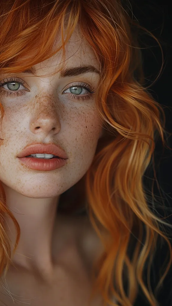 A close-up portrait of a young woman with long, wavy, ginger hair. She has freckles across her nose and cheeks and green eyes. The focus is on her face and the soft, natural lighting.  Her lips are slightly parted, and she has a gentle expression.  Her hair falls around her face, framing her features.