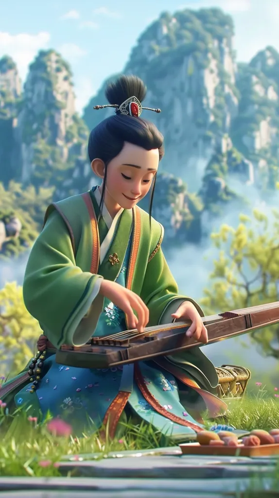 A young woman with black hair adorned with a red jewel sits in a lush green landscape. She wears a vibrant green and blue robe and plays a stringed instrument. The mountainous backdrop is hazy and dreamlike, suggesting a fantastical setting. Her expression is serene and focused, highlighting her connection to the music.  The image evokes a sense of tranquility and harmony with nature.