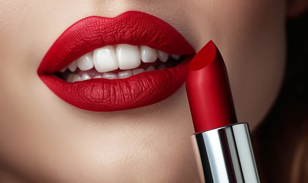 A close-up image of a woman's lips, freshly painted with bold red lipstick. The lipstick is still visible on the tube, which is partially out of frame.  Her teeth are white and perfectly aligned, adding to the overall glamorous and polished look. The focus is on the lips, highlighting the vibrancy and allure of the red color.