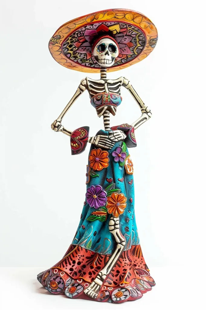 A colorful skeletal figure stands with hands on hips, dressed in a blue and red floral gown and a large, ornate hat. The figure, likely a representation of a "calavera" or "Catrina" from Mexican folklore, is painted in vibrant hues and intricate details. The white background emphasizes the figure's striking appearance.  The overall image evokes a festive and celebratory mood, referencing the Day of the Dead tradition.