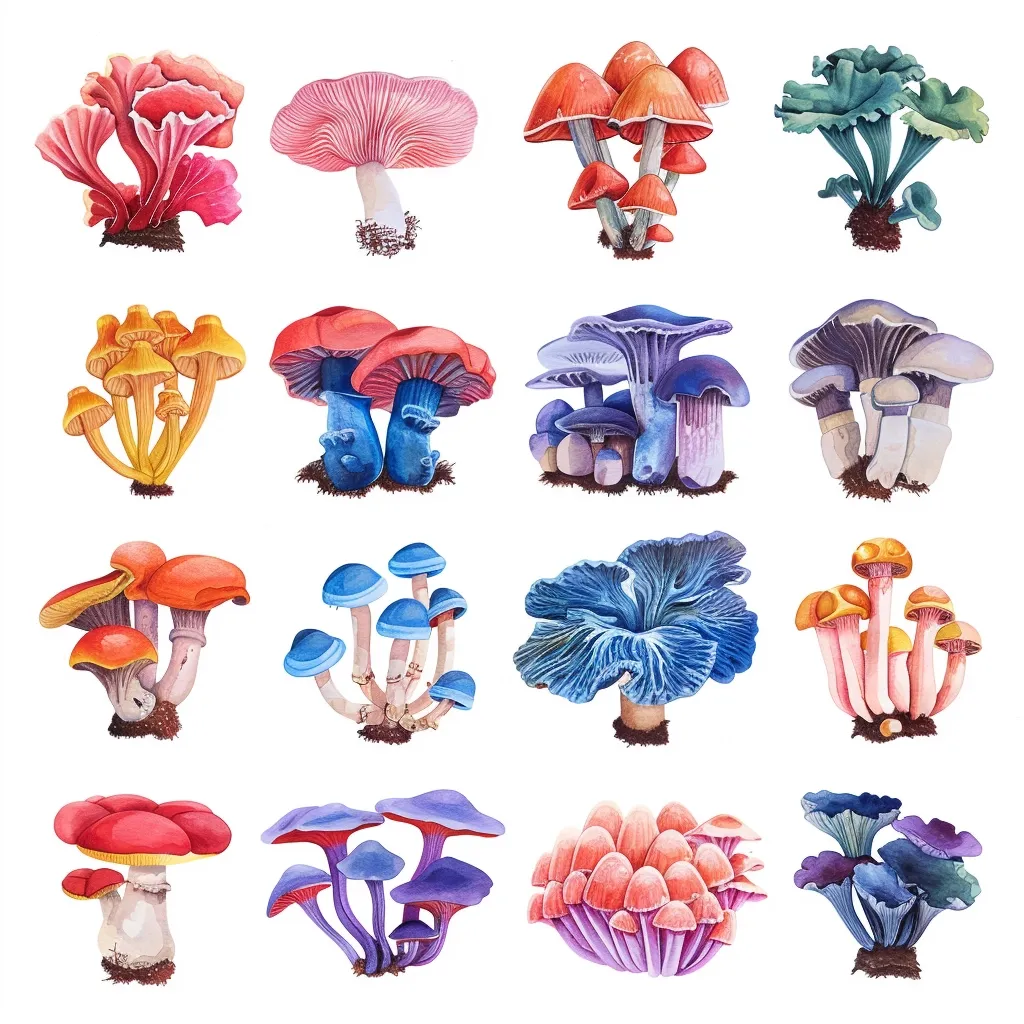 The image showcases a collection of 16 vibrant watercolor mushrooms, each with unique colors and shapes. They are arranged in a grid format, displaying a variety of hues, including reds, oranges, yellows, blues, purples, and greens.  The mushrooms appear to be in various stages of growth, with some clustered together and others standing alone. Their intricate details, such as the textured caps and the delicate stems, are beautifully rendered. The white background highlights the mushrooms' vibrancy and accentuates their artistic charm.